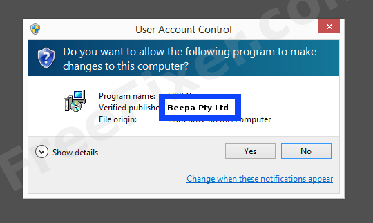 Screenshot where Beepa Pty Ltd appears as the verified publisher in the UAC dialog